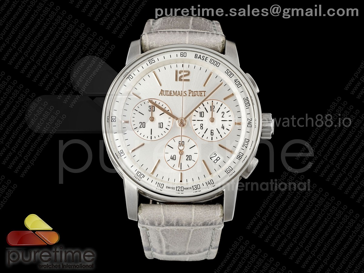 APSF 오데마피게 코드11.59 크로노 26393 실버다이얼 그레이가죽스트랩 Code 11.59 Chrono 26393 SS APSF 1:1 Best Edition Silver Dial on Gray Leather Strap SA4401 Super Clone