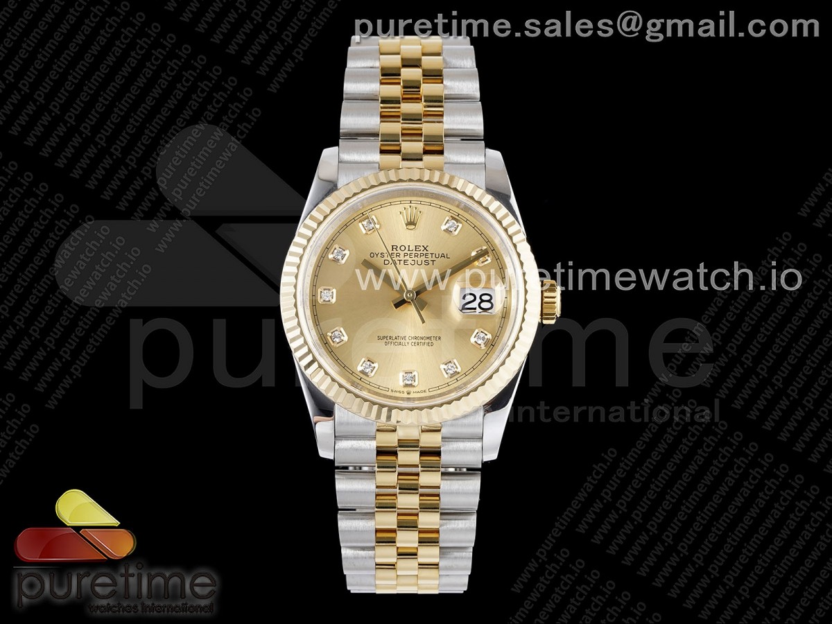 GMF V2 롤렉스 데이저스트36 옐로우골드콤비 골드텐포인트다이얼 스틸브레이슬릿 DateJust 36 SS/YG 126233 JDF YG Plated 904L Steel YG Dial Diamonds Markers on Jubilee Bracelet V2