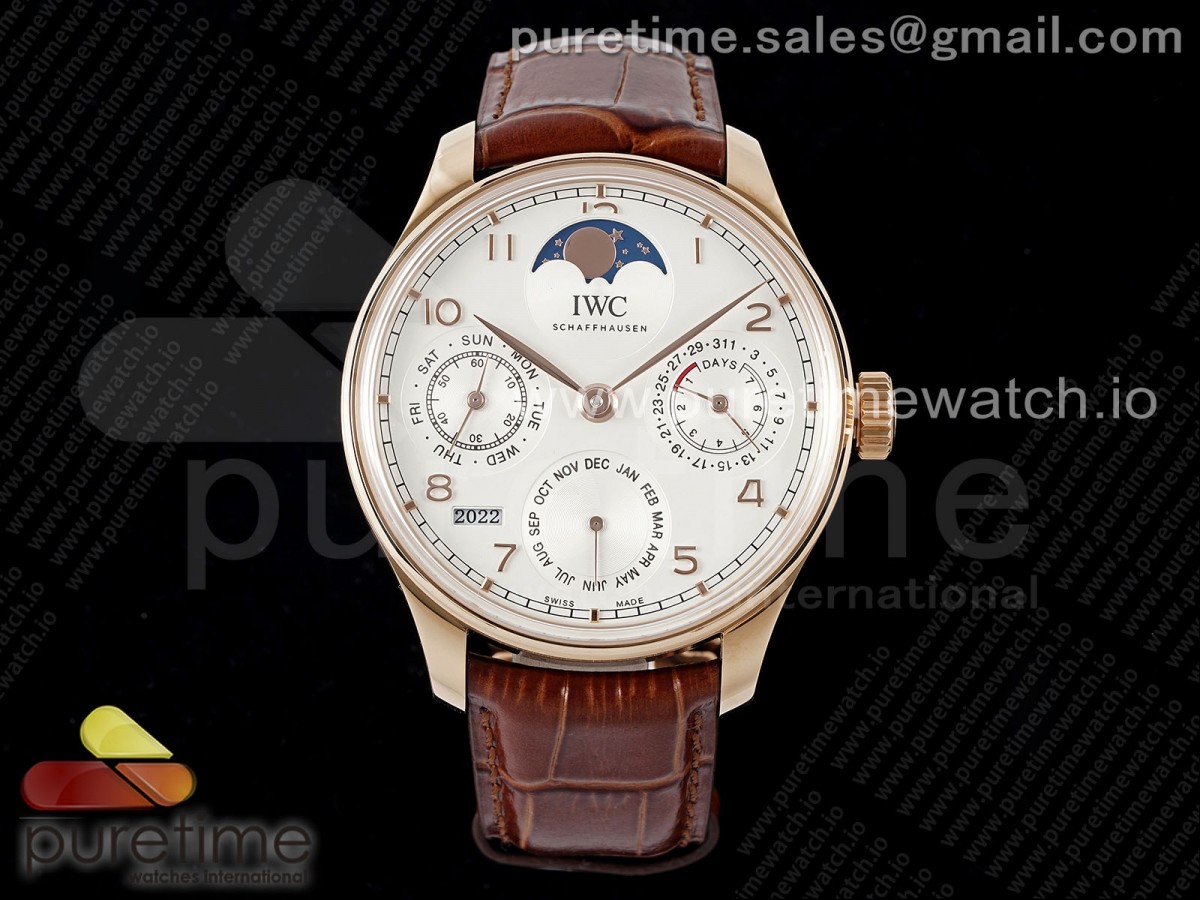 APSF IWC 포르투기저 퍼페츄얼캘린더 로즈골드 화이트다이얼 브라운가죽스트랩 Portugieser Perpetual Calendar RG 5033 APSF 1:1 Best Edition White Dial on Brown Leather Strap A52610 Clone