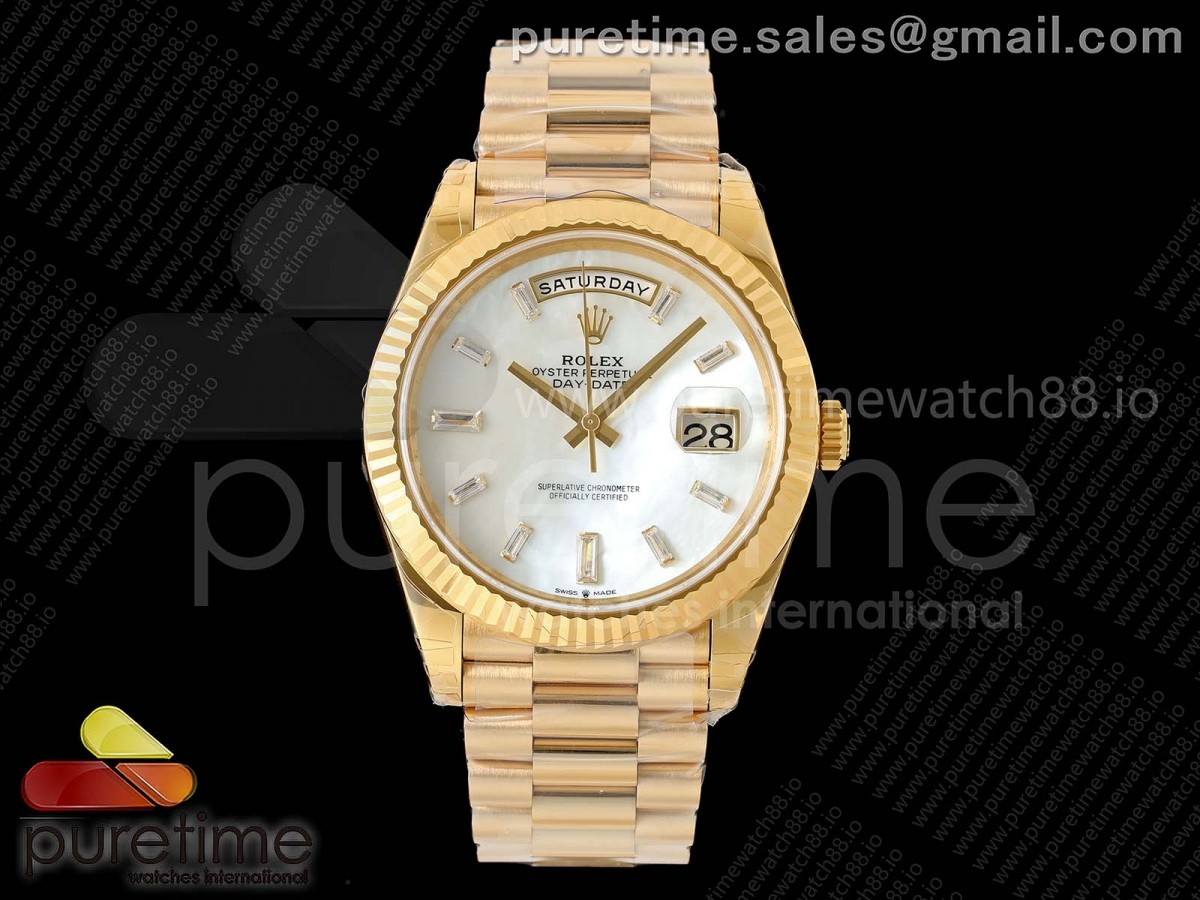 (NEW) VSF V2 롤렉스 데이데이트40 옐로우골드 텅스텐(Cu-W) 자개바게트다이얼 스틸브레이슬릿 182g  DayDate 40 228238 VSF 1:1 Best Edition White MOP Crystal Dial on President Bracelet VS3255 V2