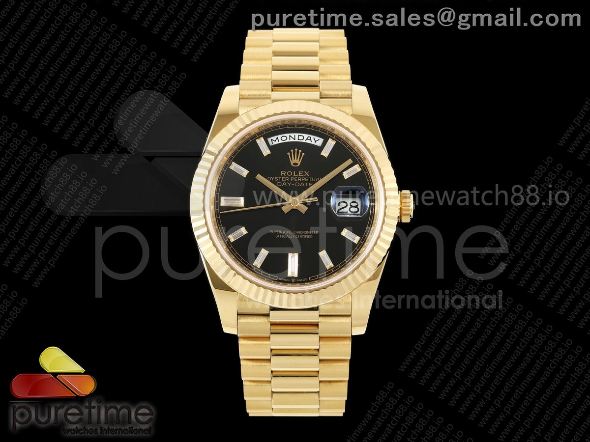 RCF 롤렉스 데이데이트40 옐로우골드 텅스텐(Cu-W) 블랙바게트다이얼 스틸브레이슬릿 210g  Day Date 40 YG RCF 1:1 Best Edition Black Crystal Dial on President Bracelet VR3255