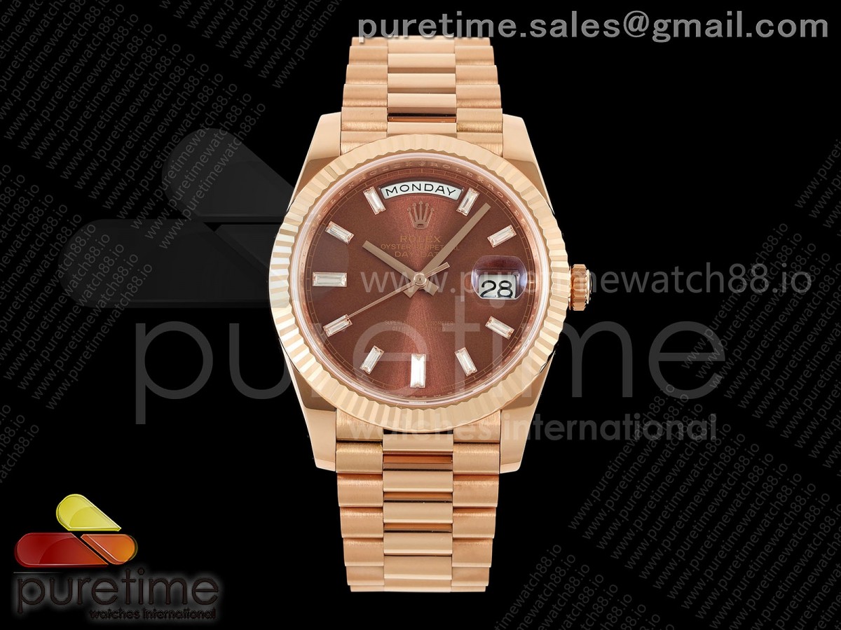 RCF 롤렉스 데이데이트40 로즈골드 텅스텐(Cu-W) 브라운바게트다이얼 스틸브레이슬릿 210g  Day Date 40 RG RCF 1:1 Best Edition Brown Crystal Dial on President Bracelet VR3255