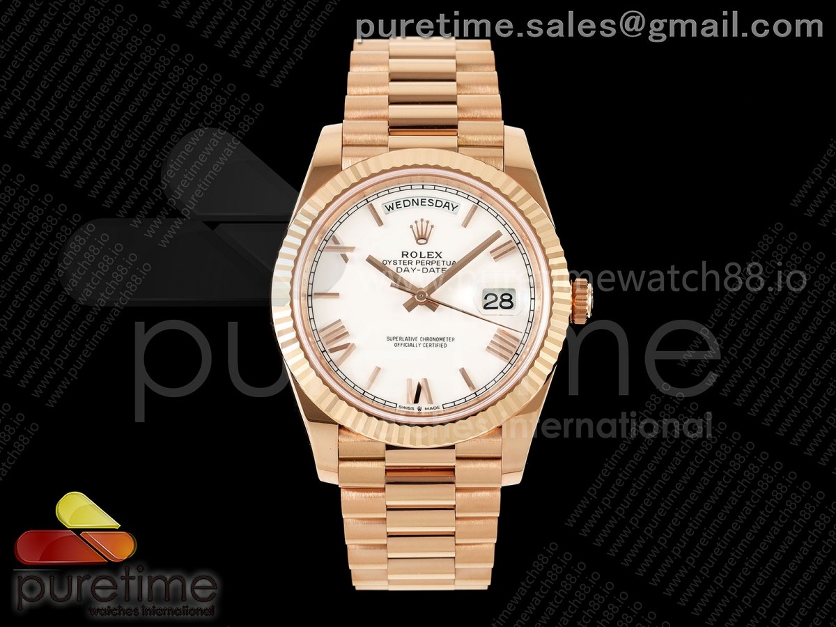 RCF 롤렉스 데이데이트40 로즈골드 텅스텐(Cu-W) 화이트로만다이얼 스틸브레이슬릿 210g  Day Date 40 RG RCF 1:1 Best Edition White Roman Dial on President Bracelet VR3255