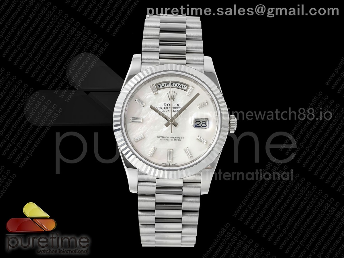 RGF 롤렉스 데이데이트40 텅스텐(Cu-W) 자개바게트다이얼 스틸브레이슬릿 210g Day Date 40 SS RGF 1:1 Best Edition White MOP Crystal Dial on President Bracelet VR3255